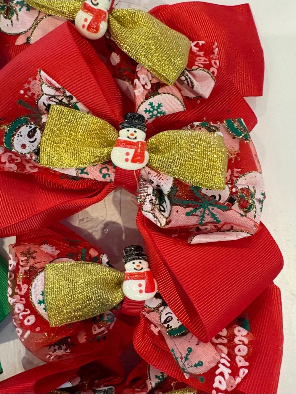 Kids Holiday Hair Bows with Snowman Accent - Red & Green Set of 12 - Picture 3 of 4